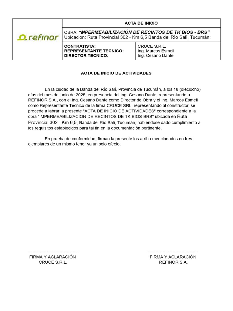 Refinor - Acta de Inicio de Actividades | PDF
