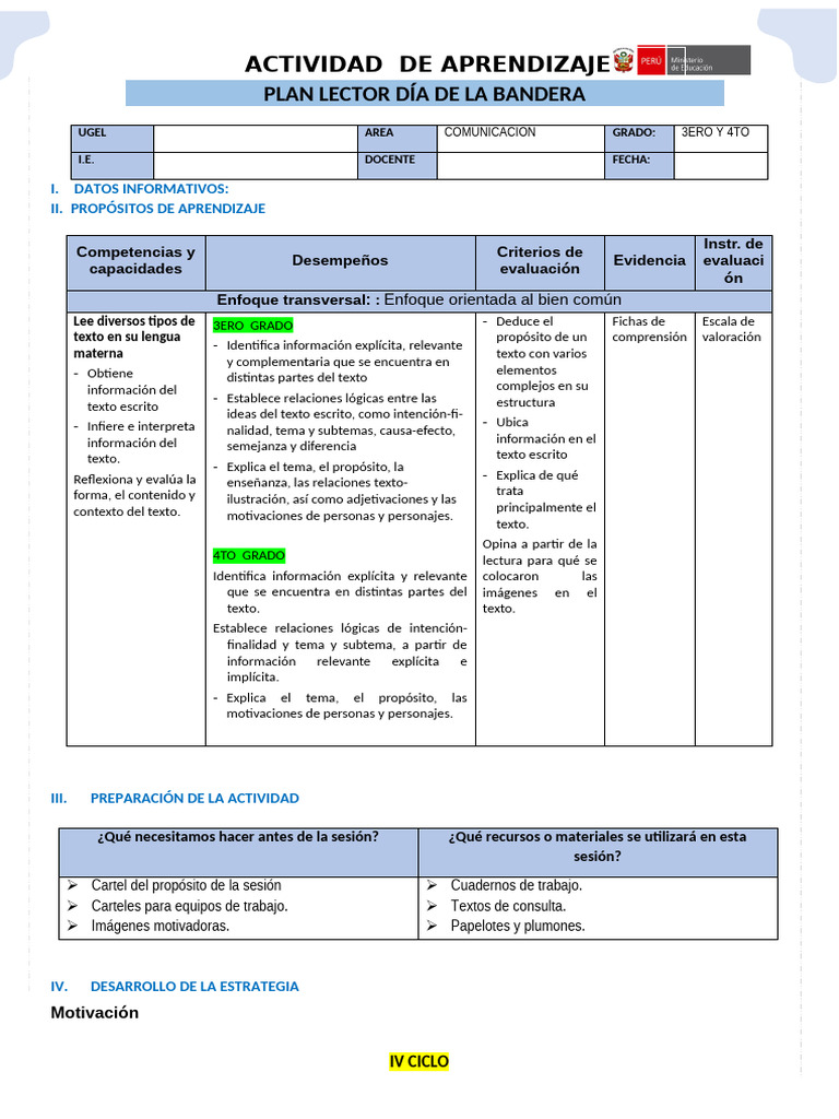 Com-Plan Lector Día de La Bandera | PDF | Aprendizaje | Cognición