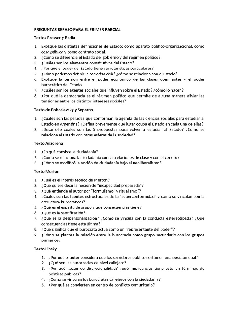 Preguntas Repaso Para El Primer Parcial | PDF | Estado (política ...