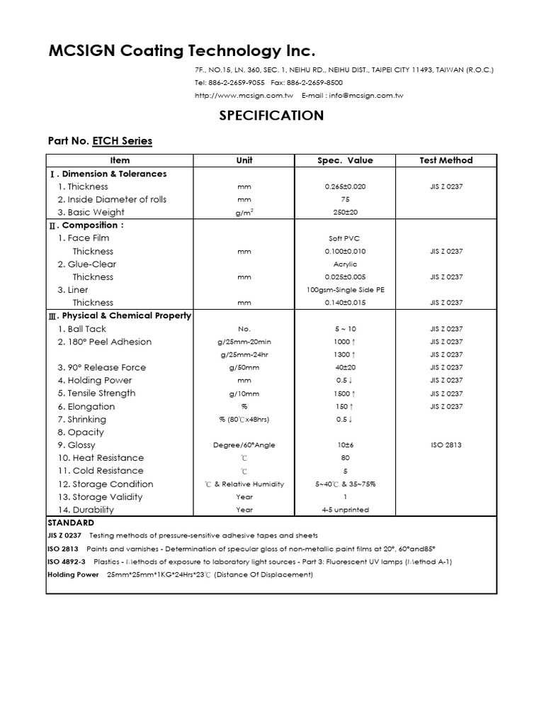 MCSIGN ETCH Series Coating Specs | PDF | Industrial Processes | Materials