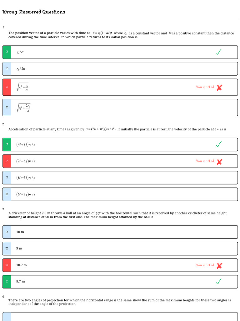 Wrong Answered Questions: You Marked | PDF | Velocity | Physics