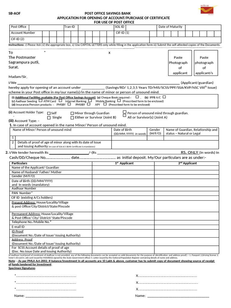 Post Office Account Opening 2025 AOF 2 Holders | PDF | Identity ...
