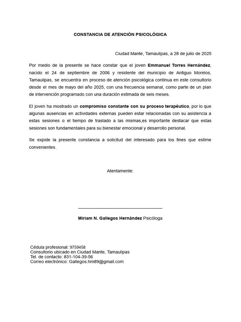 Constancia de Atención Psicológica 2025 | PDF