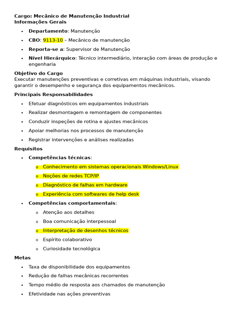 Mecânico de Manutenção Industrial CBO 9113-10 | PDF | Tecnologia da ...