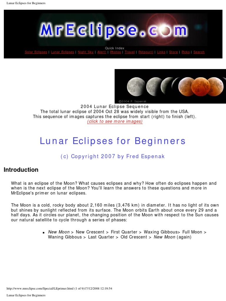 Lunar Eclipses For Beginners: Quick Index | PDF | Solar Eclipse | Moon