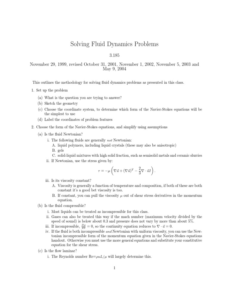 Fluid Dynamics Problem-Solving Guide | PDF | Viscosity | Navier–Stokes ...