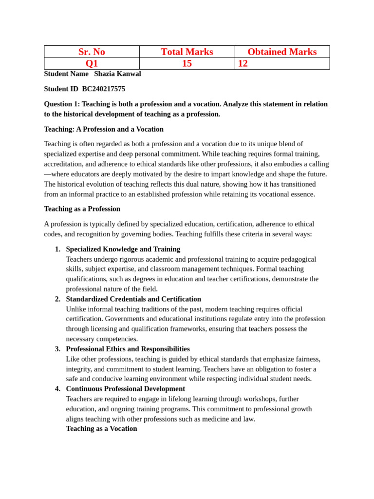 Teaching: Profession vs. Vocation Analysis | PDF | Teachers | Profession