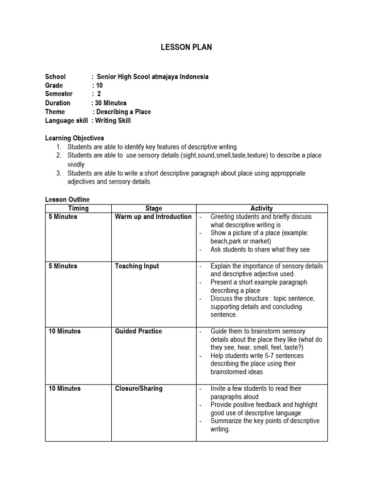 Descriptive Writing Lesson Plan | PDF | Lesson Plan | Perception