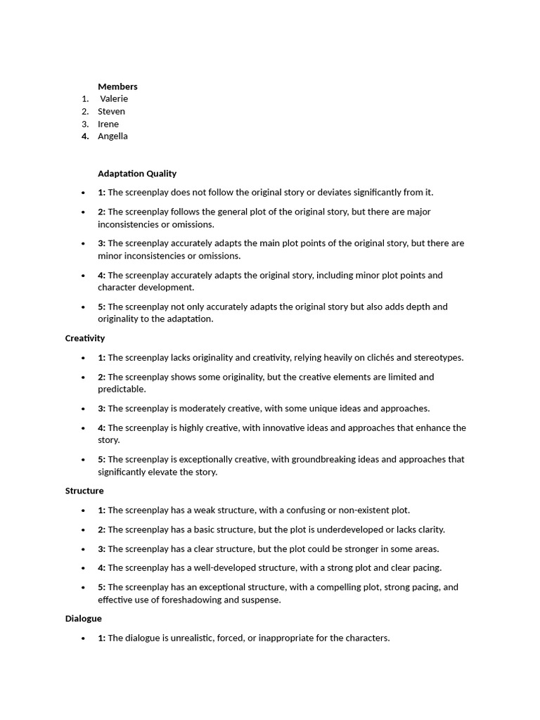 Screenplay Evaluation Criteria Guide | PDF | Screenplay