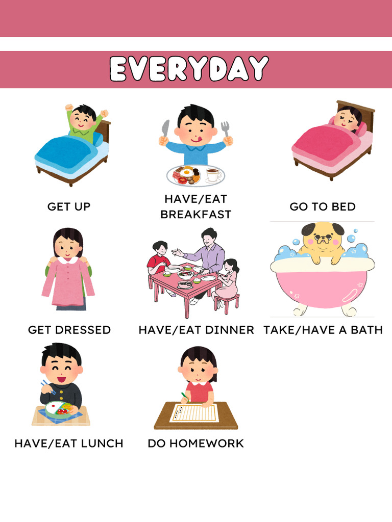 Daily Routine Picture Dictionary Worksheet in Pink Cute Style | PDF