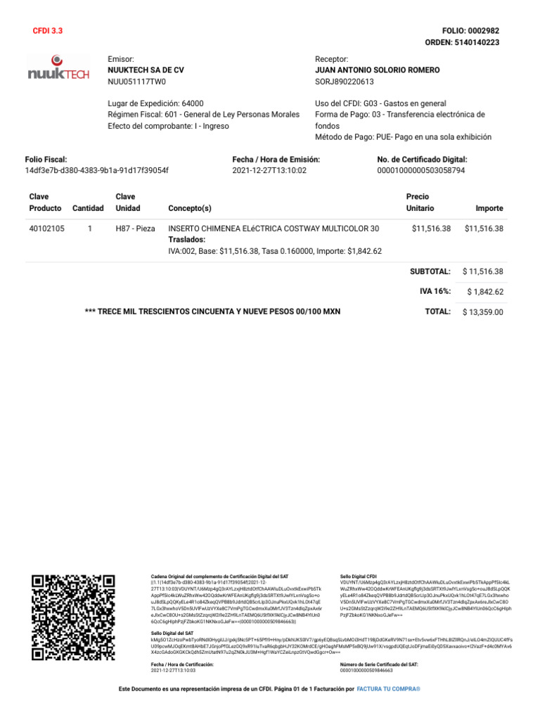CFDI 3.3: Factura de Venta de Inserto | PDF