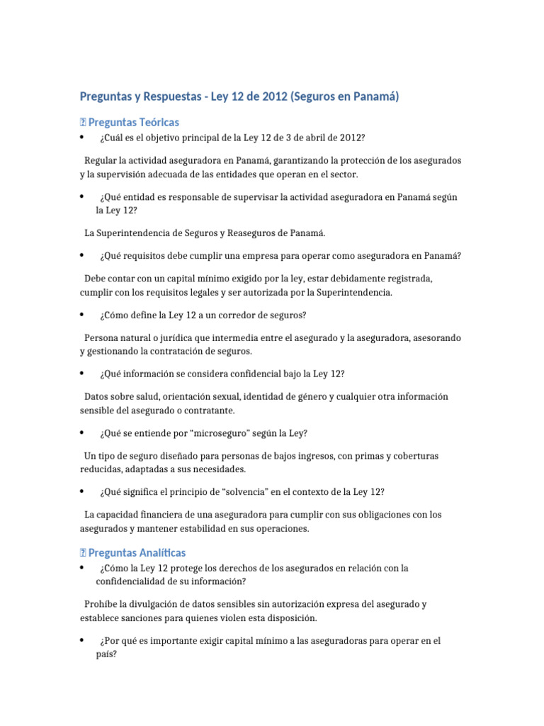 Ley 12 de 2012: Regulación de Seguros en Panamá | PDF | Seguro | Multa ...