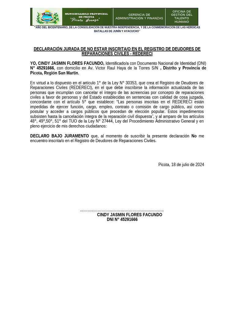 Declaración Jurada de No Inscripción en REDERECI | PDF