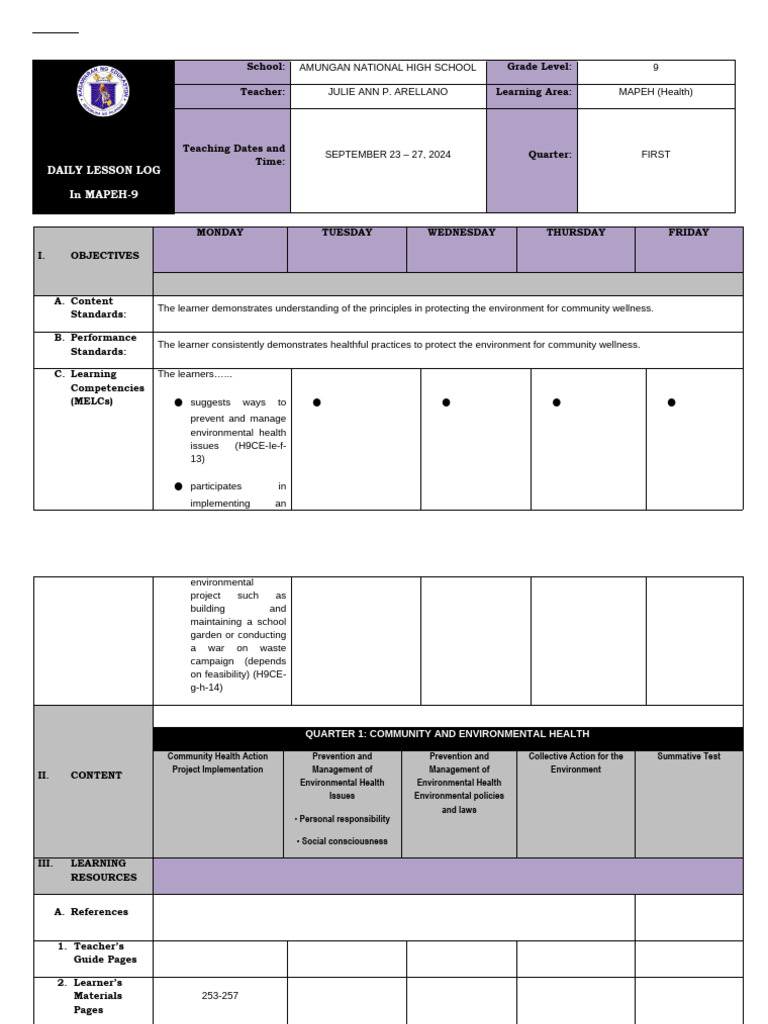 MAPEH 9 Daily Lesson Log: Health Focus | PDF | Teachers | Learning
