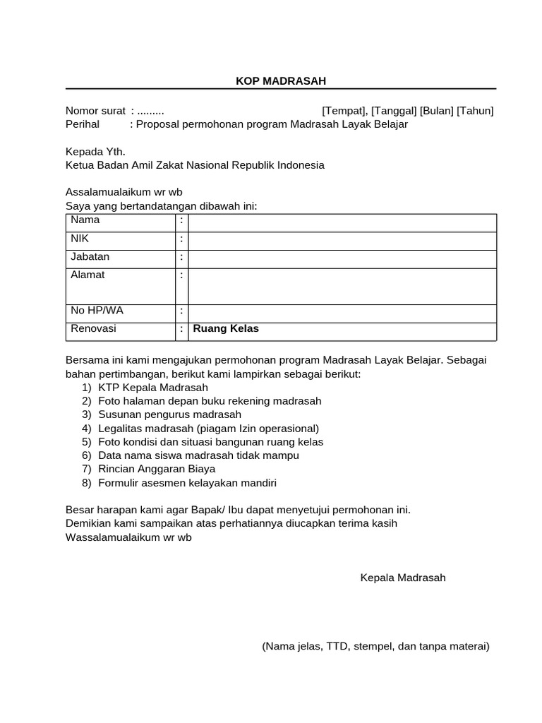Proposal Rehab Ruang Kelas Madrasah | PDF