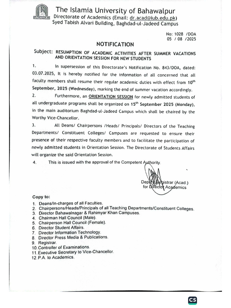 Resumption of Academic Activities .... and Orientation Session | PDF