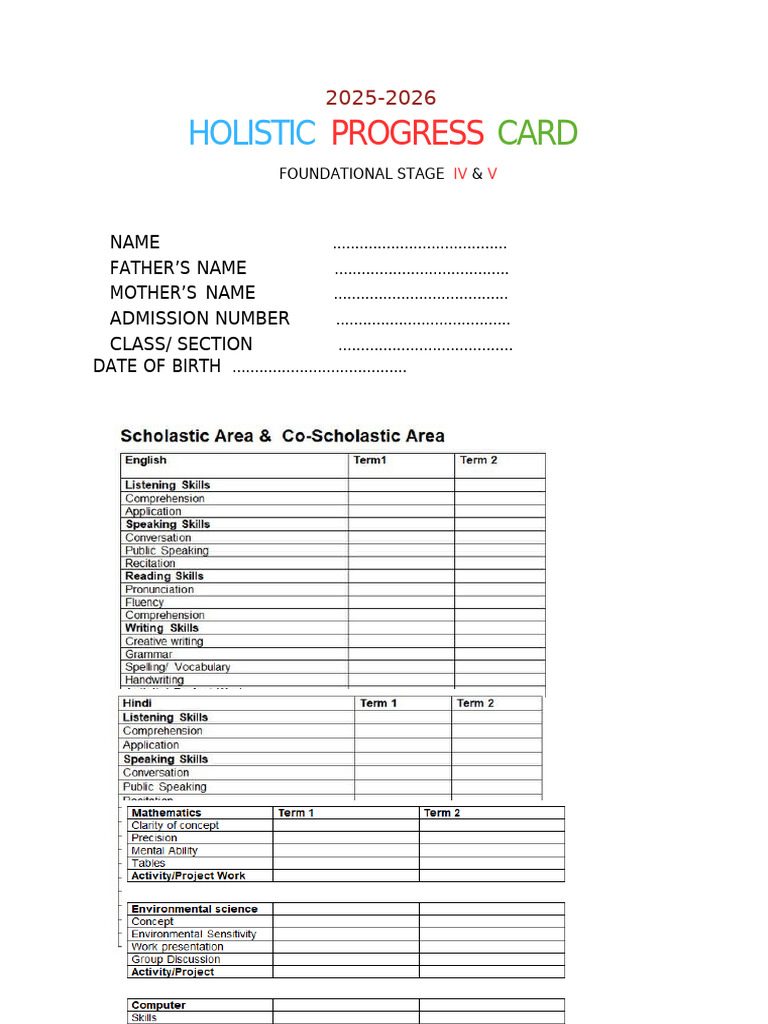 Holistic Progress Card for Foundational Stage | PDF
