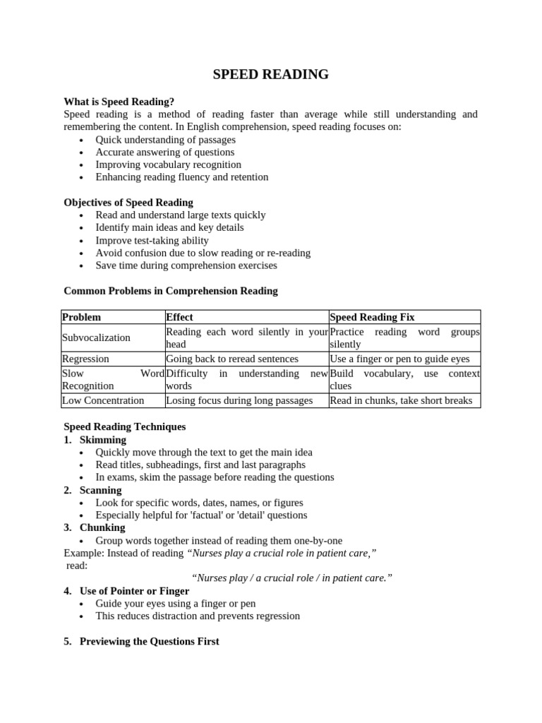 Speed Reading Techniques for Students | PDF | Speed Reading | Reading ...
