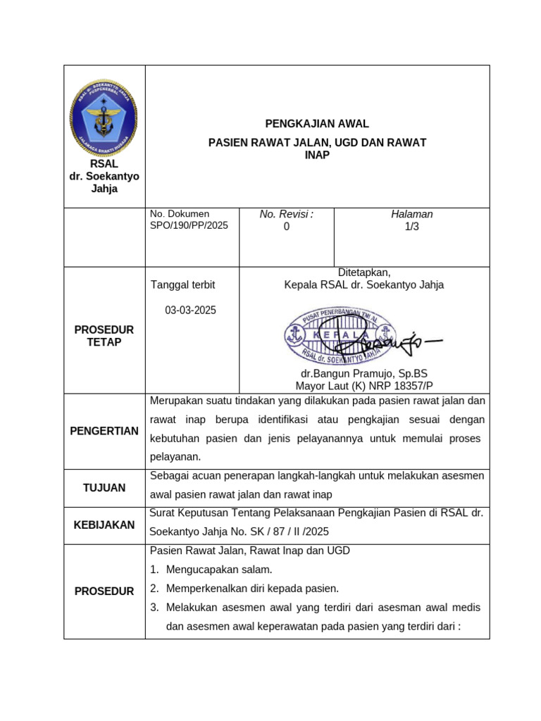 SPO Asesmen Awal Rajal Ranap 2025 | PDF
