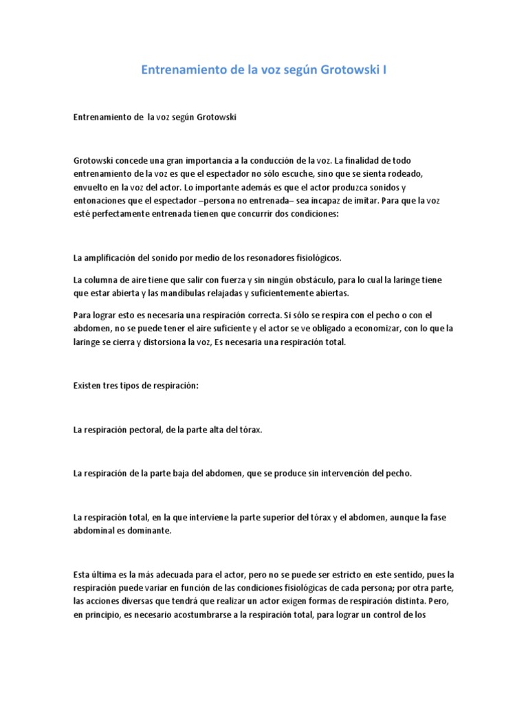 Entrenamiento de La Voz Según Grotowski I PDF Respiración Abdomen