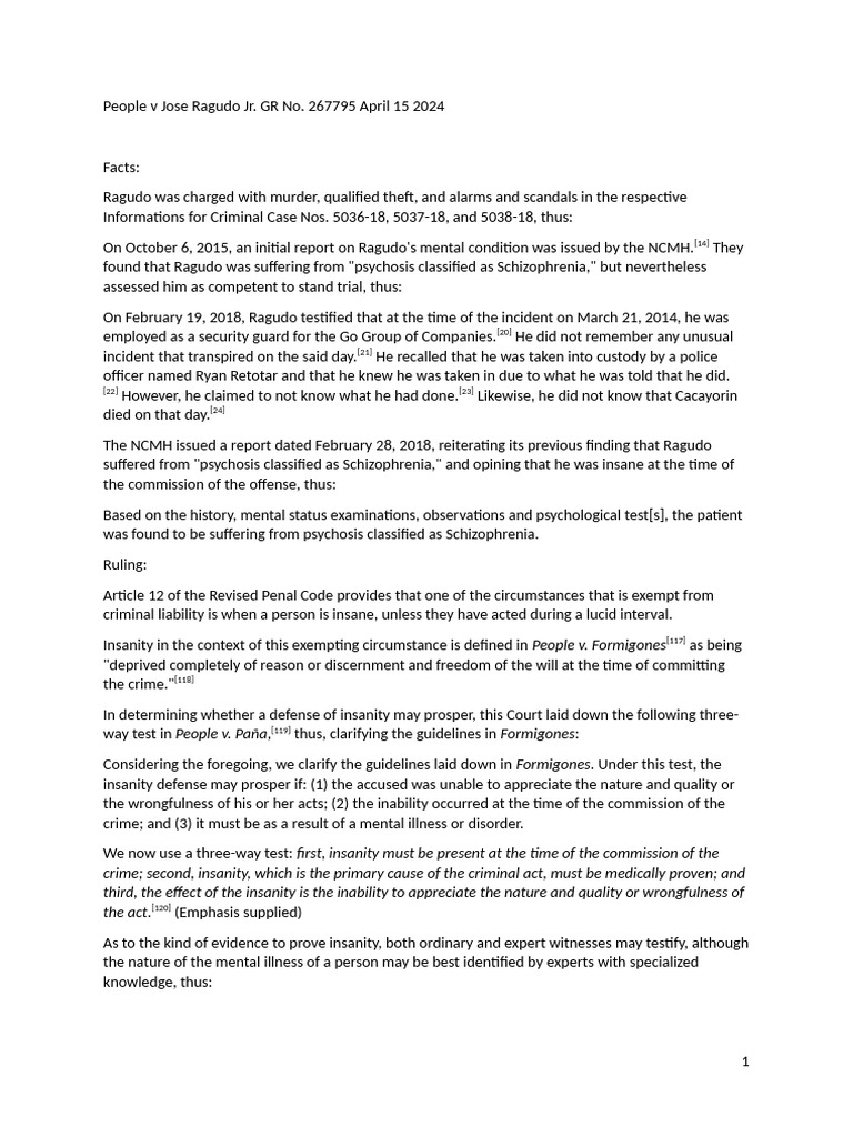 Insanity Defense in People v Ragudo Case | PDF | Insanity Defense | Plea