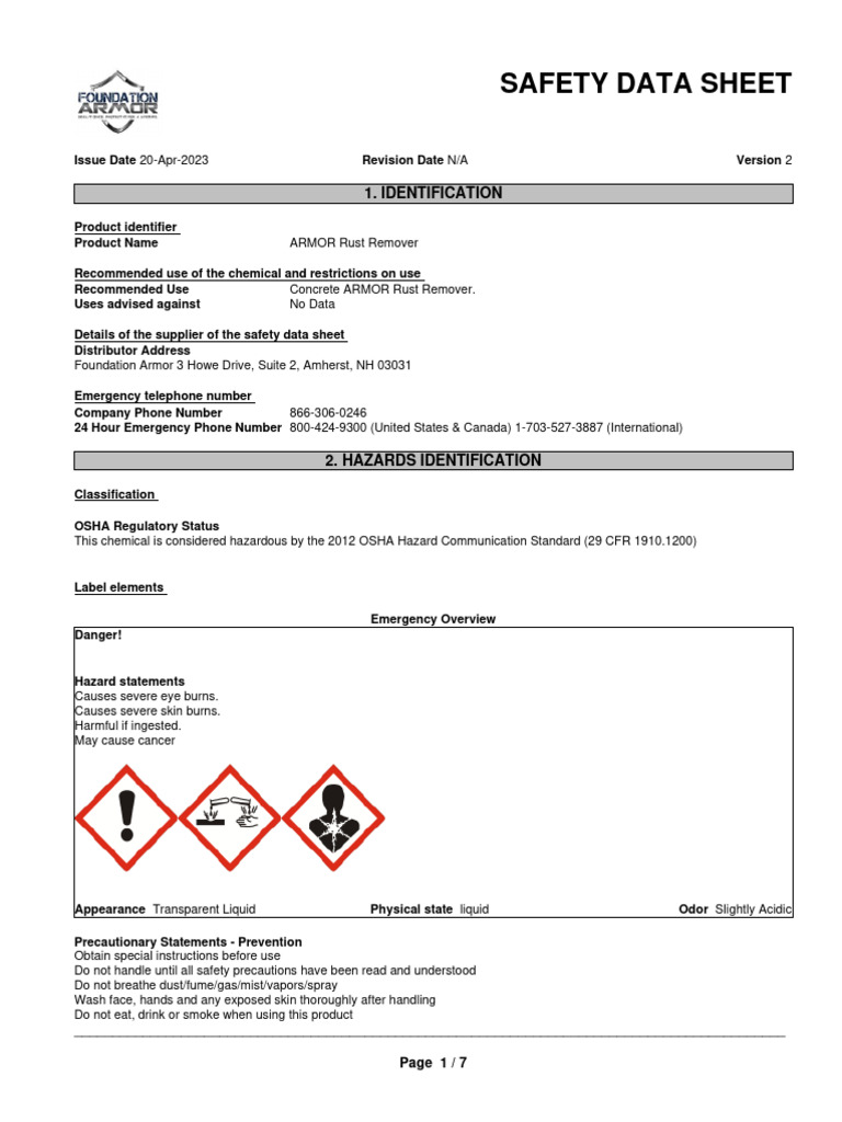 ARMOR-Rust-Remover-SDS (1) | PDF | Personal Protective Equipment ...