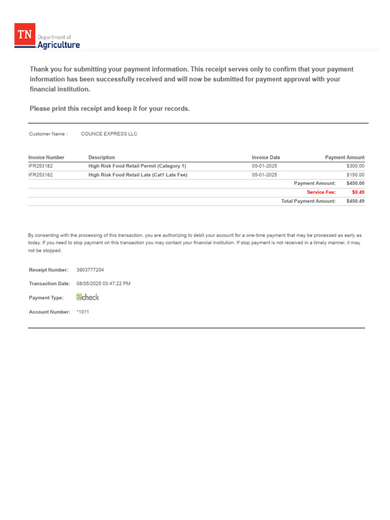 High Risk Food Permit Payment Receipt | PDF