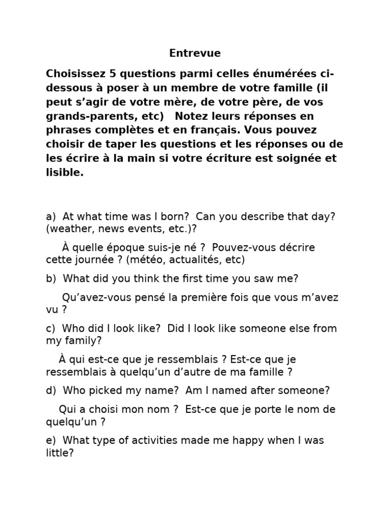 Questions pour une entrevue familiale | PDF