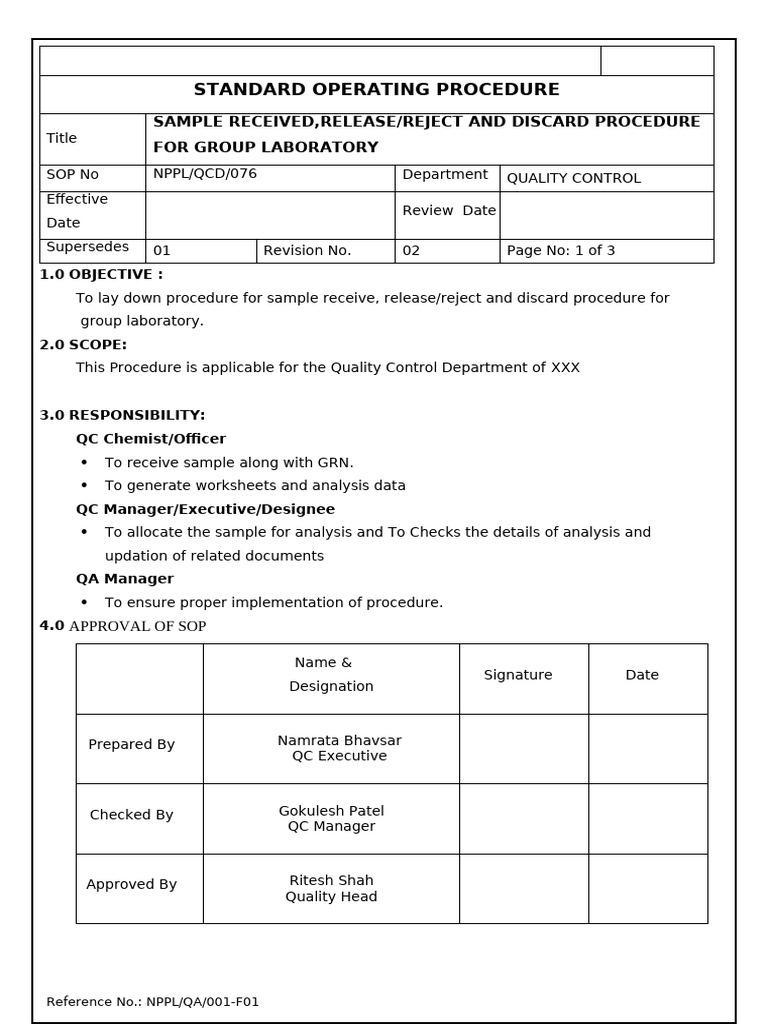 076 - Sample Tracing, Release Reject and Discard of Group Laboratory | PDF