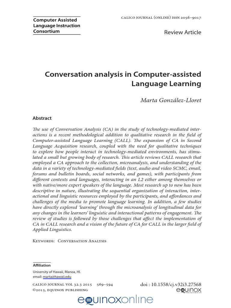 Conversation Analysis in CALL Research | PDF | Second Language ...