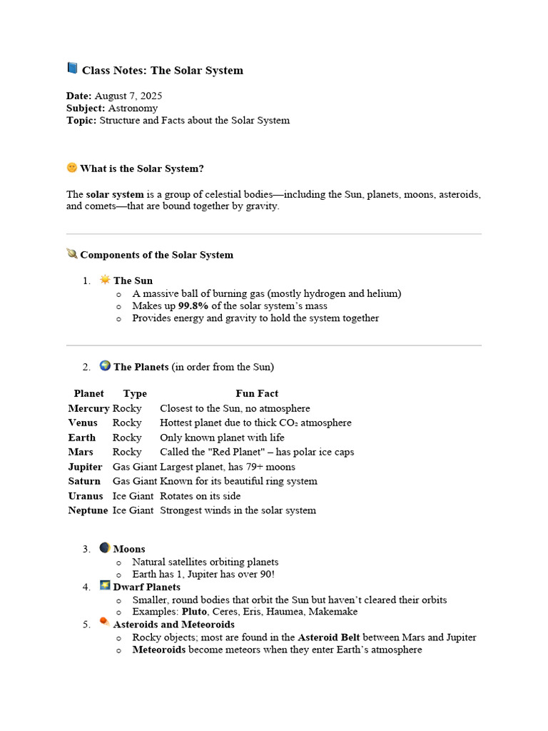 ? Class Notes On Solar System | PDF
