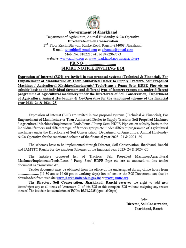 EOI for Agricultural Machinery Supply | PDF | Agricultural Machinery ...