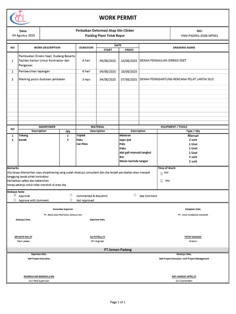 Work Permit Perbaikan Atap Silo 2025 | PDF