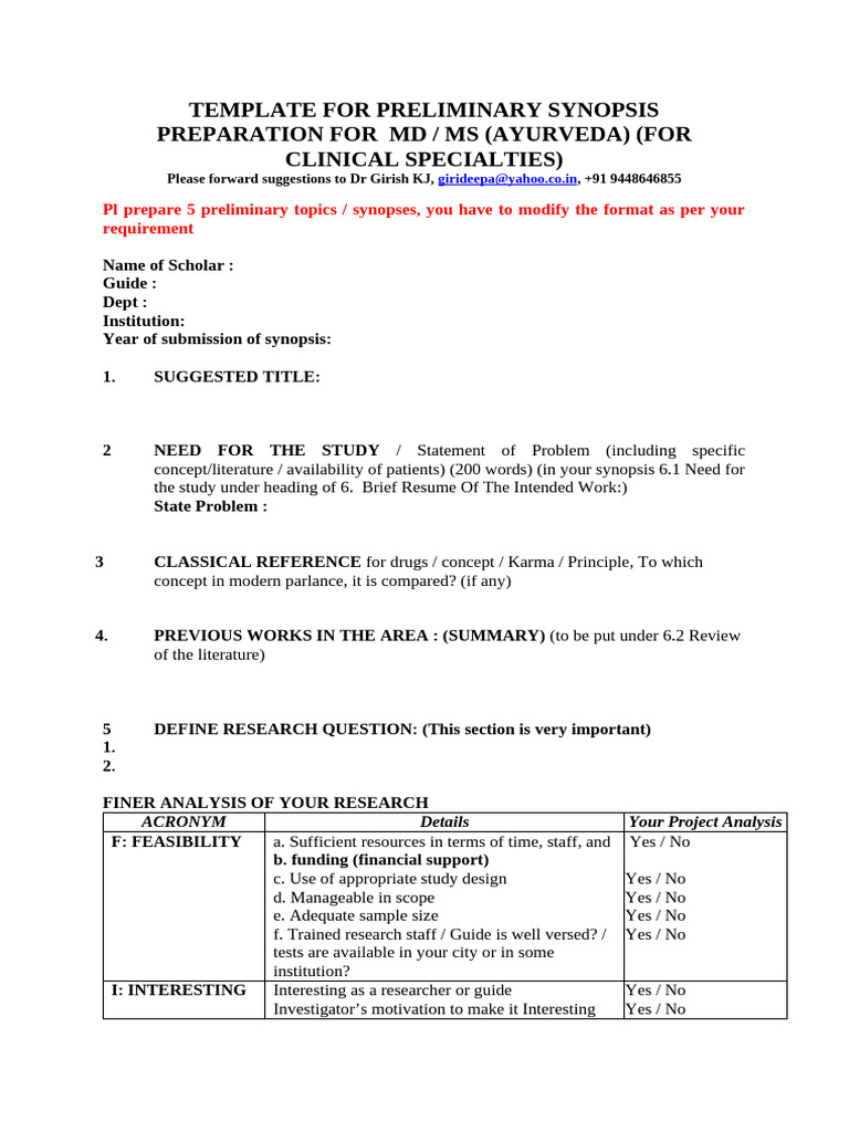 MD/MS Ayurveda Synopsis Template | PDF | Statistics | Survey Methodology