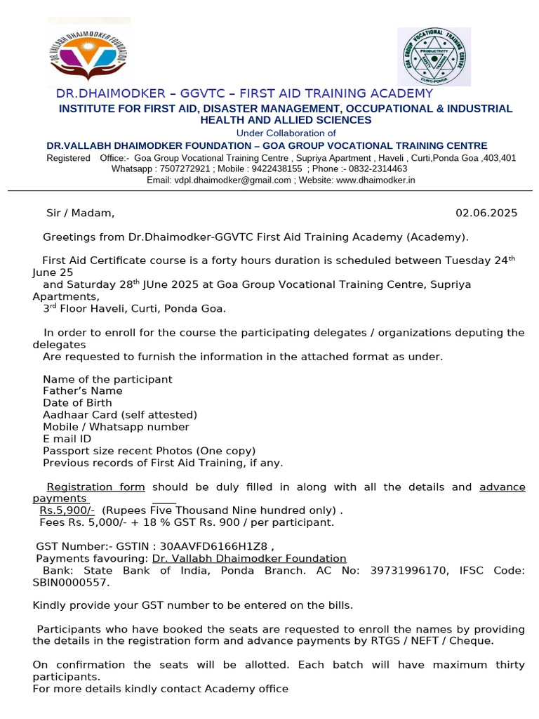 First Aid Certificate Course Registration | PDF