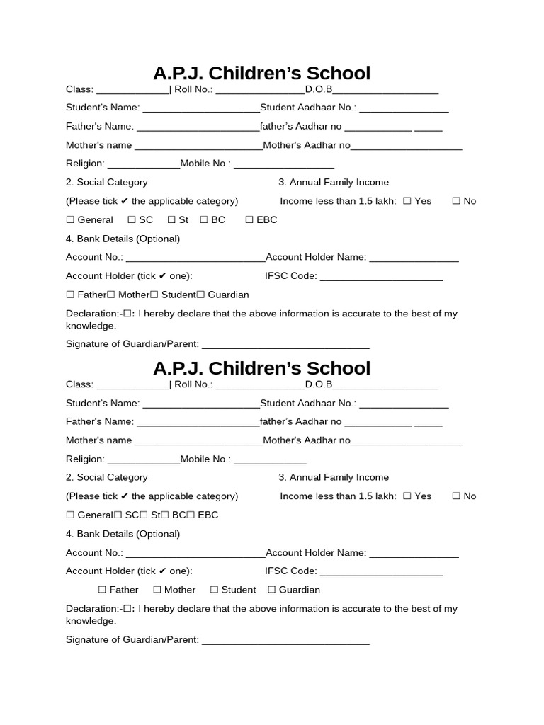 A.P.J. Children's School Enrollment Form | PDF