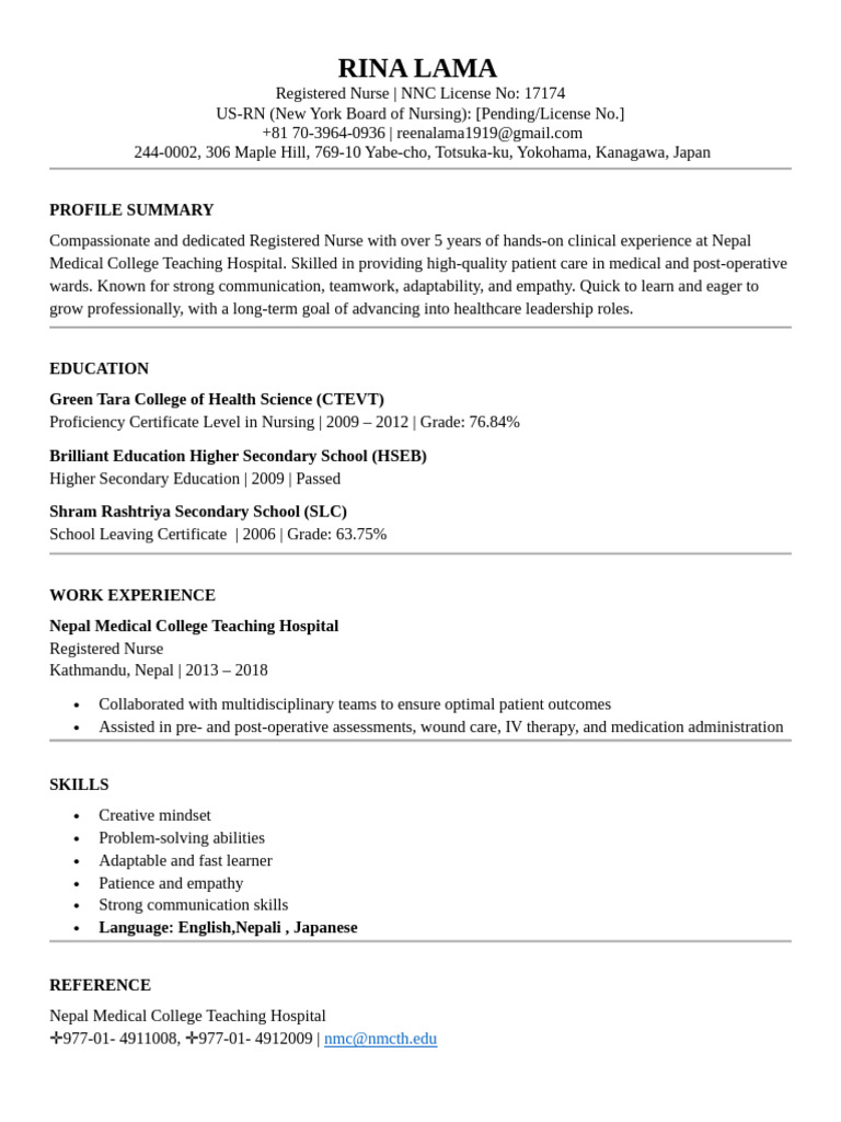 Rina Lama: Registered Nurse Profile | PDF