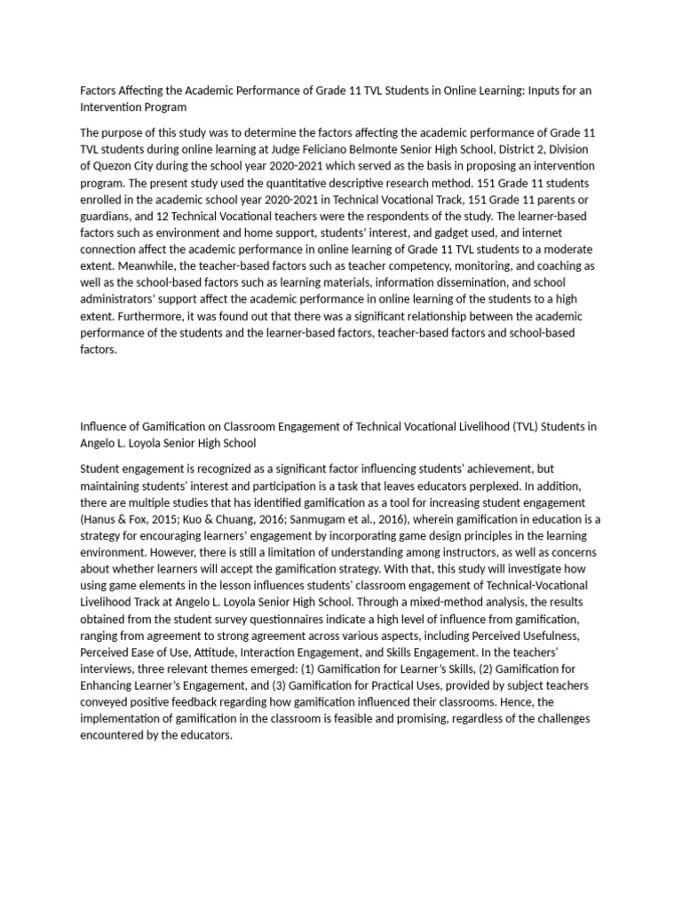 Academic Performance of Grade 11 TVL Students | PDF | Learning ...