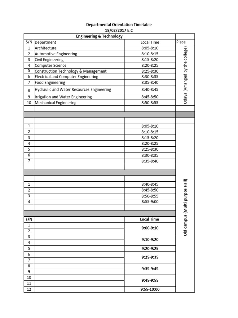 Departmental Orientation Timetable | PDF | Engineering | Science