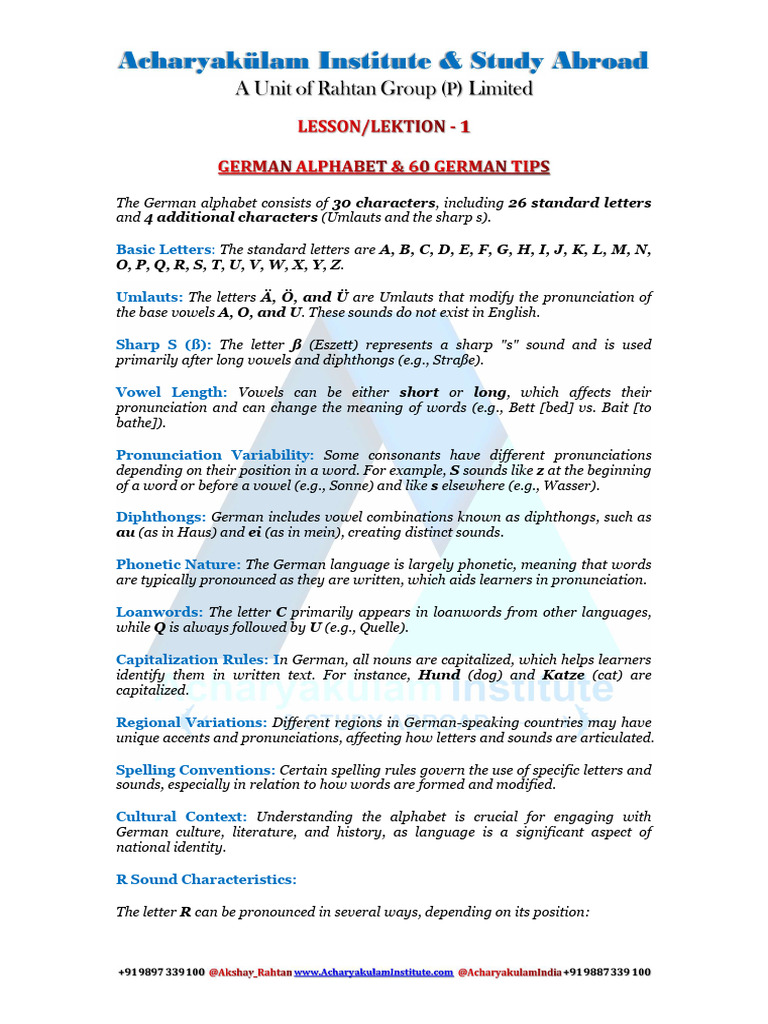 Lesson 1 - German Alphabet & 25 Tips | PDF | English Language | Vowel
