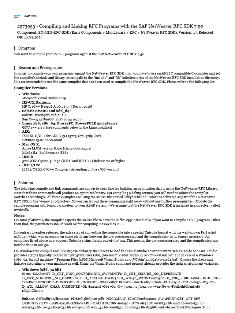Compiling RFC Programs with SAP SDK 7.50 | PDF | C (Programming ...