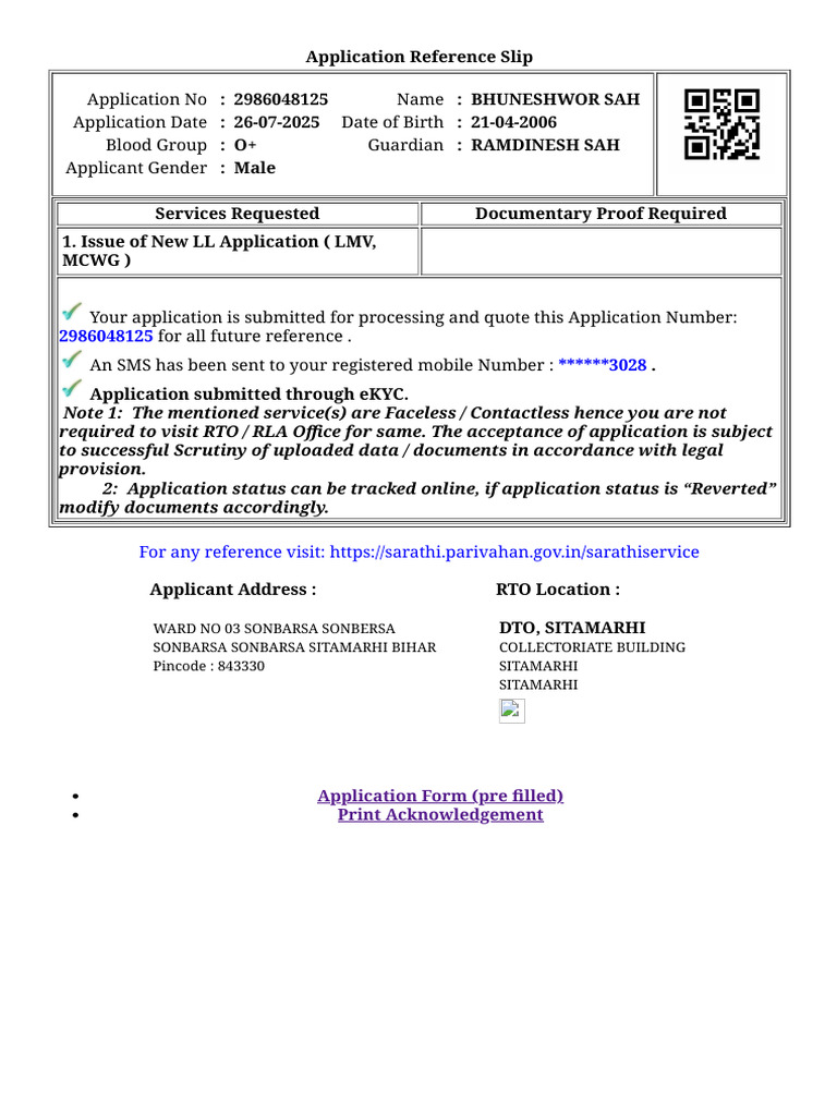 LL Application Reference Slip 2986048125 | PDF