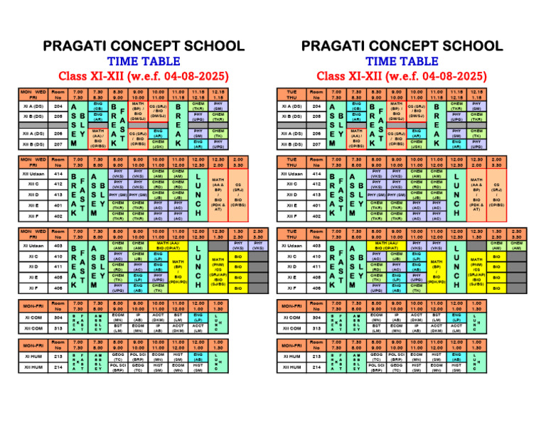Class XI-XII Timetable 2025 | PDF