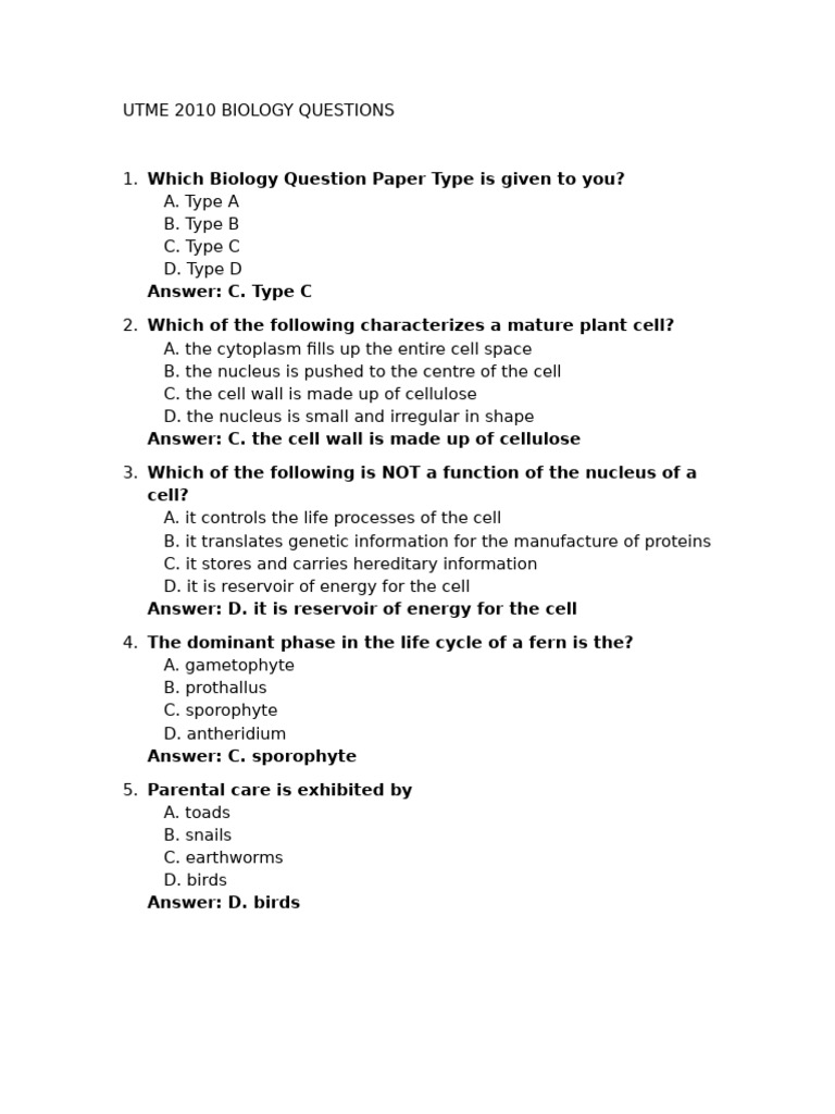 UTME 2010 Biology Exam Questions | PDF | Circulatory System | Dominance ...