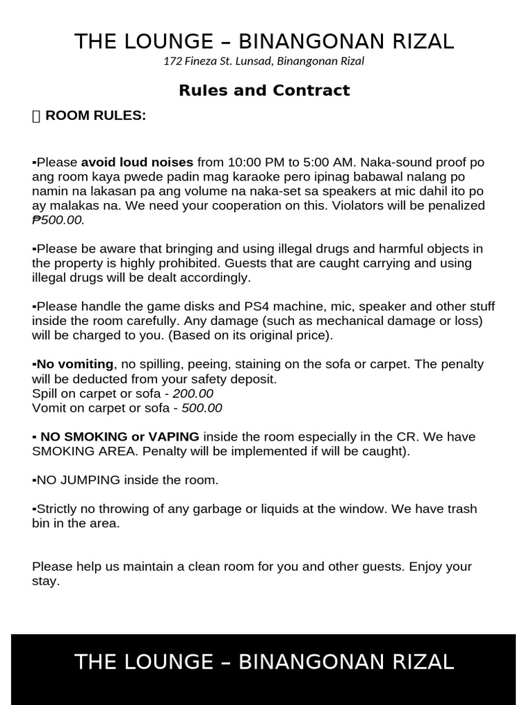 Lounge Binangonan Rules and Guidelines | PDF