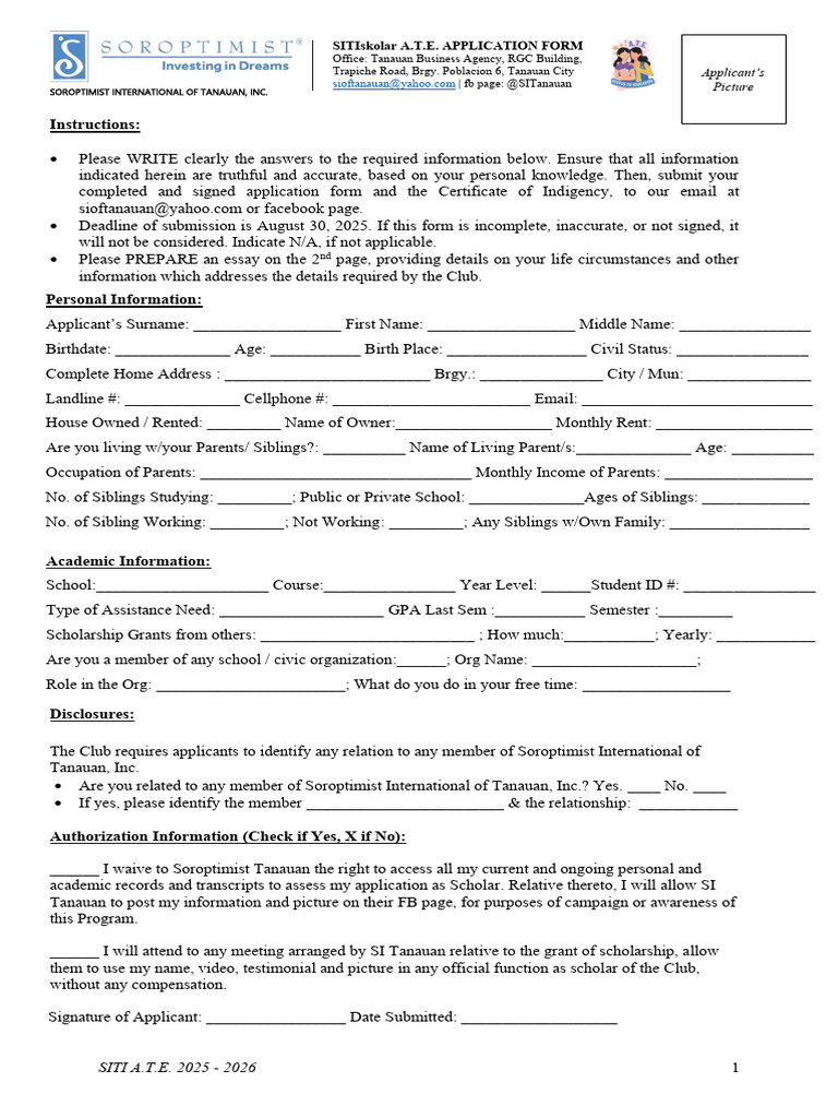 Soroptimist Tanauan Scholarship Application | PDF