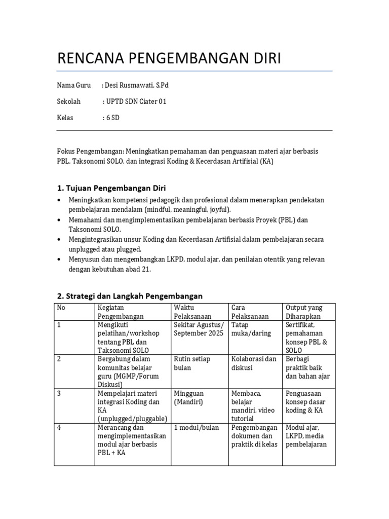 Rencana Pengembangan Diri Guru SD | PDF