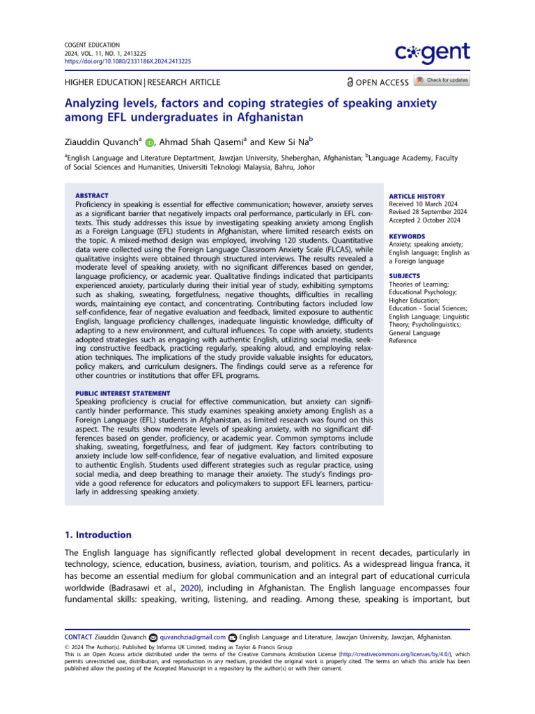 Speaking Anxiety in Afghan EFL Students | PDF | English As A Second Or ...