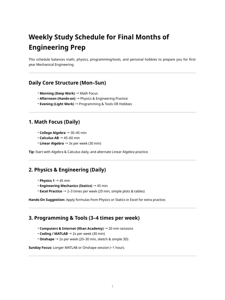 Engineering Prep Weekly Schedule | PDF