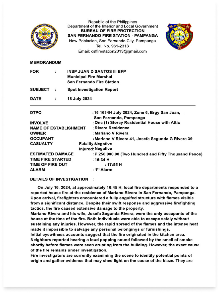 House Fire Report: San Juan, Pampanga | PDF